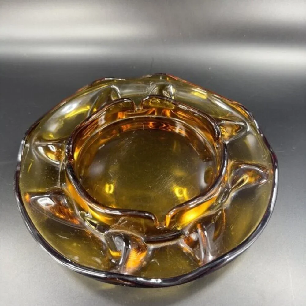 1960s Vintage Amber‎ Glass Ashtray Dish Wavy Edges Vintage Glass Decor 8 In Wide